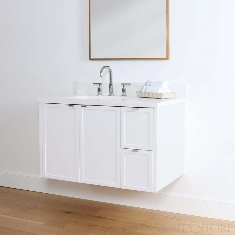 Cape Breton 36" Wall Mount Satin White Bathroom Vanity, Left Sink - Teodor Vanities United States