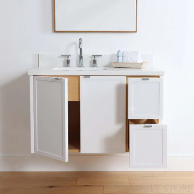 Cape Breton 36" Wall Mount Satin White Bathroom Vanity, Left Sink - Teodor Vanities United States