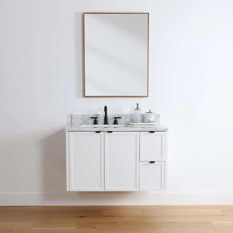 Cape Breton 36" Wall Mount Satin White Bathroom Vanity, Left Sink - Teodor Vanities United States