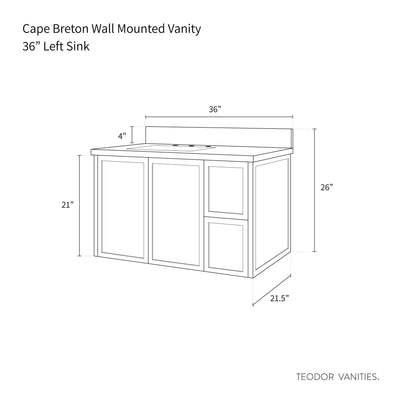 Cape Breton 36" Wall Mount Satin White Bathroom Vanity, Left Sink - Teodor Vanities United States