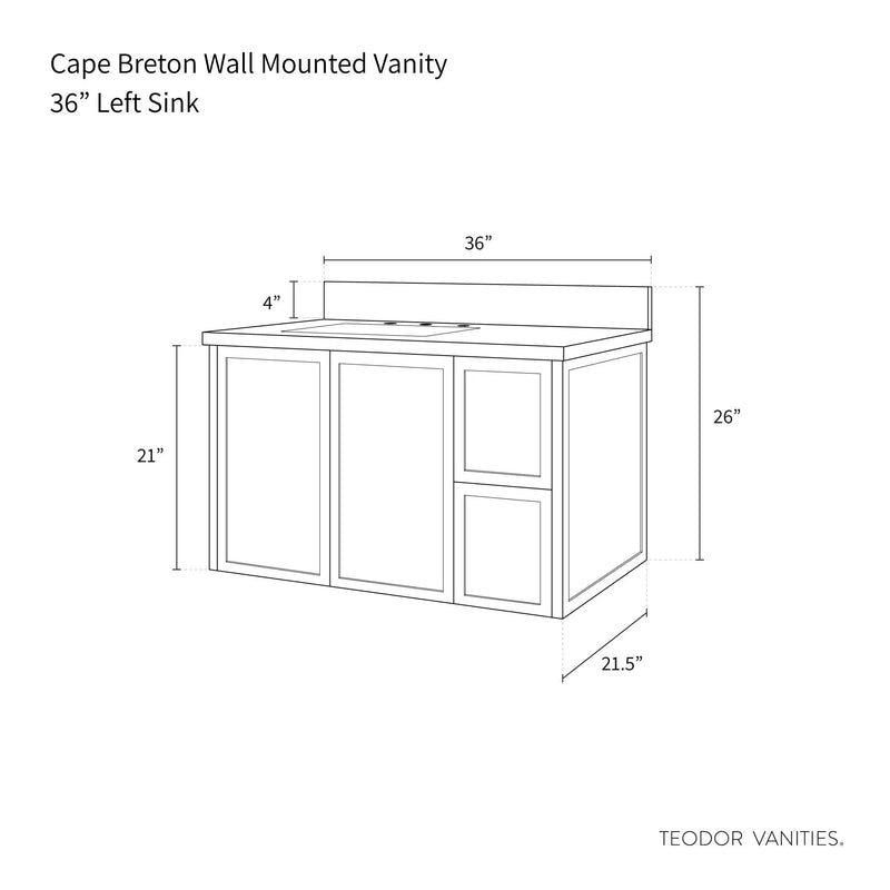 Cape Breton 36" Wall Mount Satin White Bathroom Vanity, Left Sink - Teodor Vanities United States