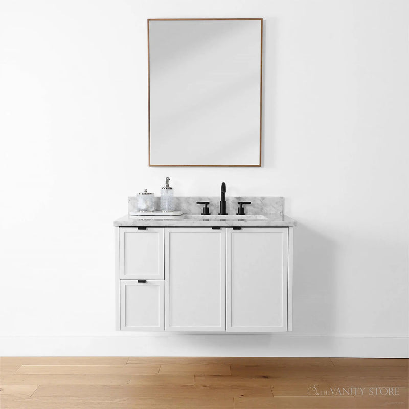 Cape Breton 36" Wall Mount Satin White Bathroom Vanity, Right Sink - Teodor Vanities United States