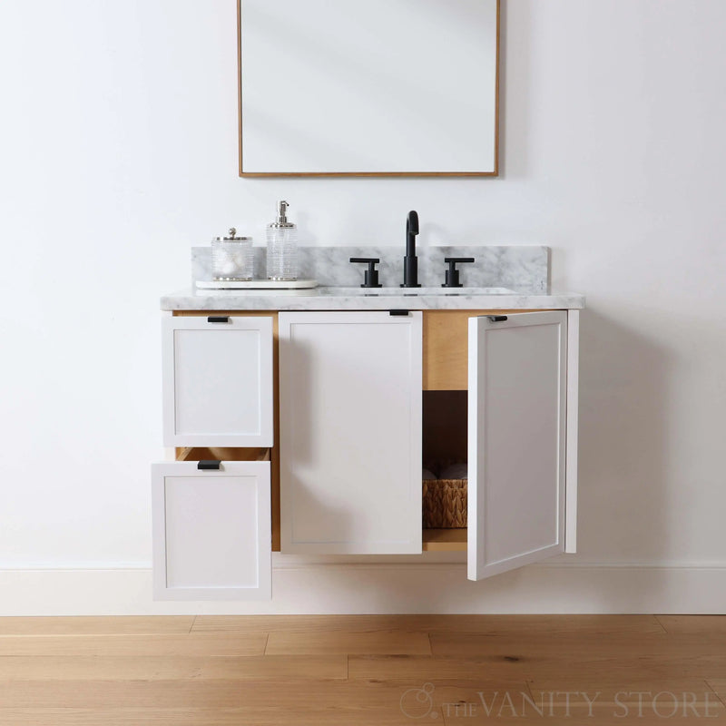 Cape Breton 36" Wall Mount Satin White Bathroom Vanity, Right Sink - Teodor Vanities United States