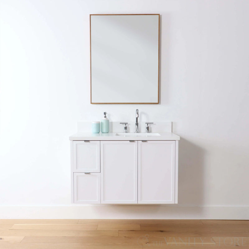 Cape Breton 36" Wall Mount Satin White Bathroom Vanity, Right Sink - Teodor Vanities United States