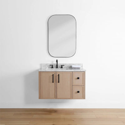 Cape Breton 36" Wall Mount White Oak Bathroom Vanity, Left Sink - Teodor Vanities United States