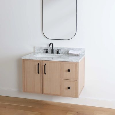 Cape Breton 36" Wall Mount White Oak Bathroom Vanity, Left Sink - Teodor Vanities United States