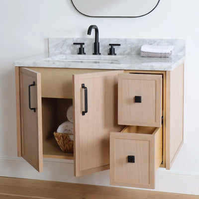 Cape Breton 36" Wall Mount White Oak Bathroom Vanity, Left Sink - Teodor Vanities United States