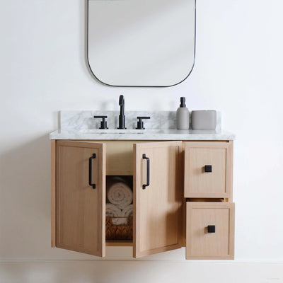 Cape Breton 36" Wall Mount White Oak Bathroom Vanity, Left Sink - Teodor Vanities United States