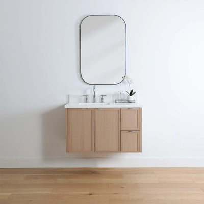 Cape Breton 36" Wall Mount White Oak Bathroom Vanity, Left Sink - Teodor Vanities United States