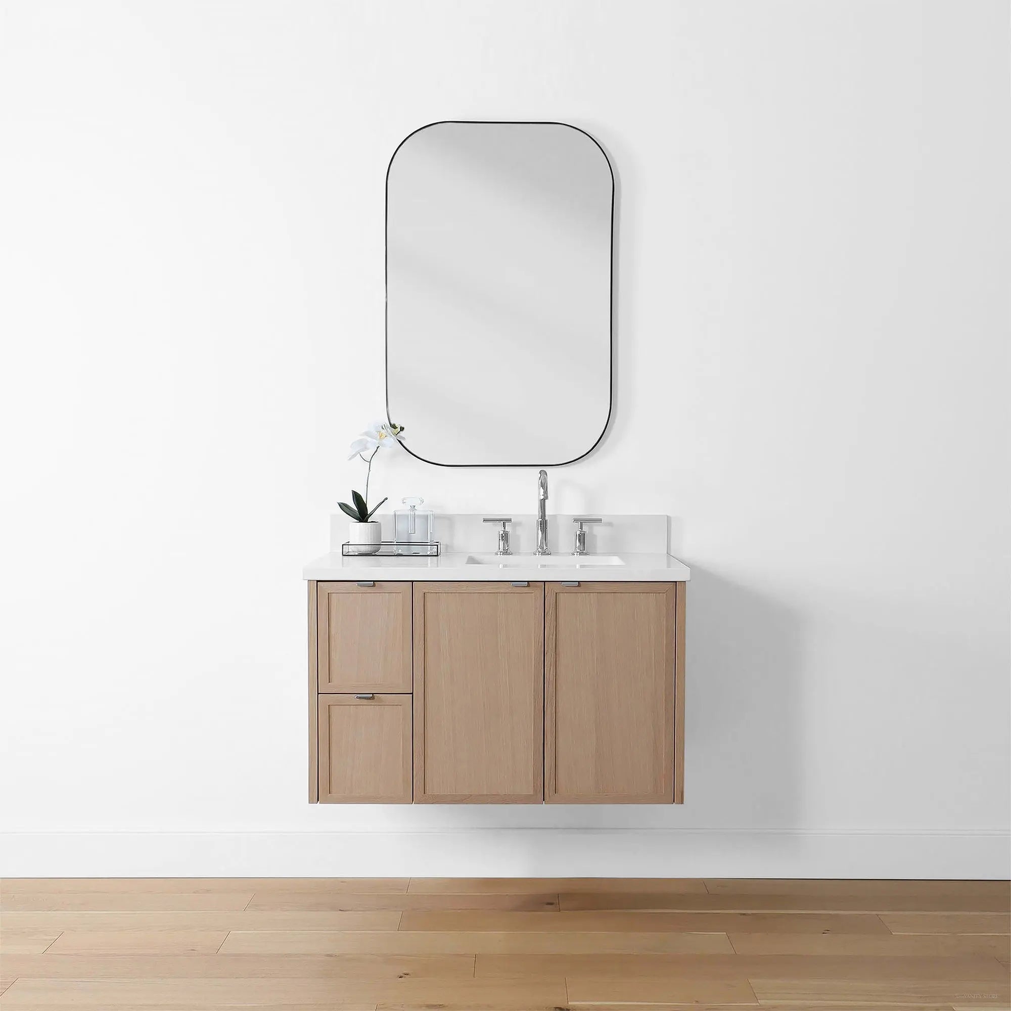 Cape Breton 36" Wall Mount White Oak Bathroom Vanity, Right Sink - Teodor Vanities United States