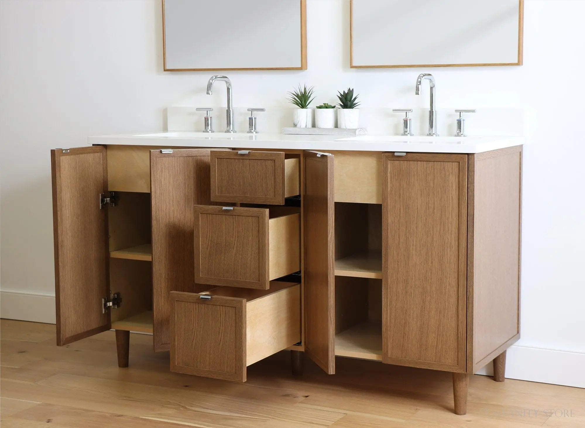 Cape Breton 60" Mid Century Oak Bathroom Vanity, Double Sink - Teodor ...