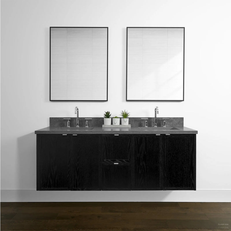 Cape Breton 60" Wall Mount Blackened Oak Bathroom Vanity, Double Sink - Teodor Vanities United States