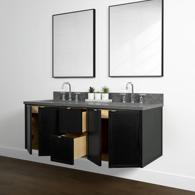 Cape Breton 60" Wall Mount Blackened Oak Bathroom Vanity, Double Sink - Teodor Vanities United States