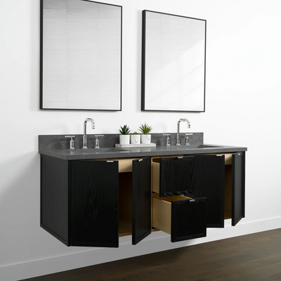 Cape Breton 60" Wall Mount Blackened Oak Bathroom Vanity, Double Sink - Teodor Vanities United States