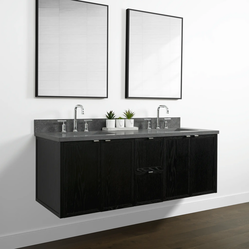 Cape Breton 60" Wall Mount Blackened Oak Bathroom Vanity, Double Sink - Teodor Vanities United States