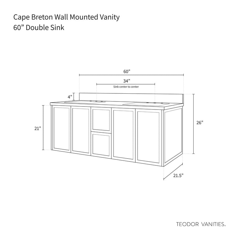 Cape Breton 60" Wall Mount Blackened Oak Bathroom Vanity, Double Sink - Teodor Vanities United States