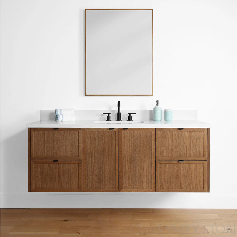 Cape Breton 60" Wall Mount Mid Century Oak Bathroom Vanity - Teodor Vanities United States