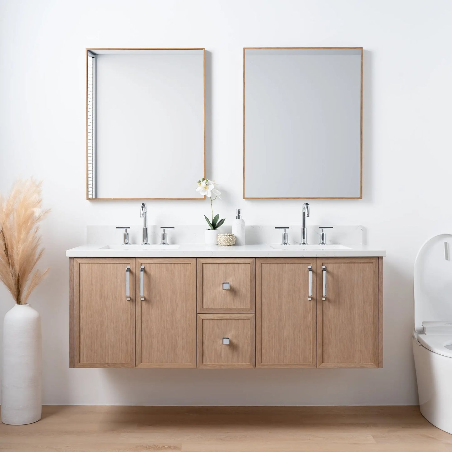 Cape Breton 60" Wall Mount White Oak Bathroom Vanity, Double Sink - Teodor Vanities United States