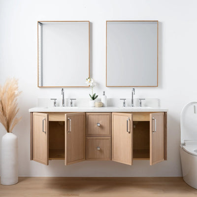 Cape Breton 60" Wall Mount White Oak Bathroom Vanity, Double Sink - Teodor Vanities United States