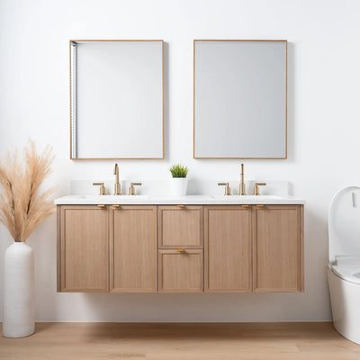 Cape Breton 60" Wall Mount White Oak Bathroom Vanity, Double Sink
