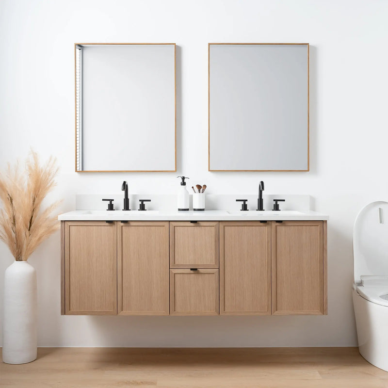 Cape Breton 60" Wall Mount White Oak Bathroom Vanity, Double Sink