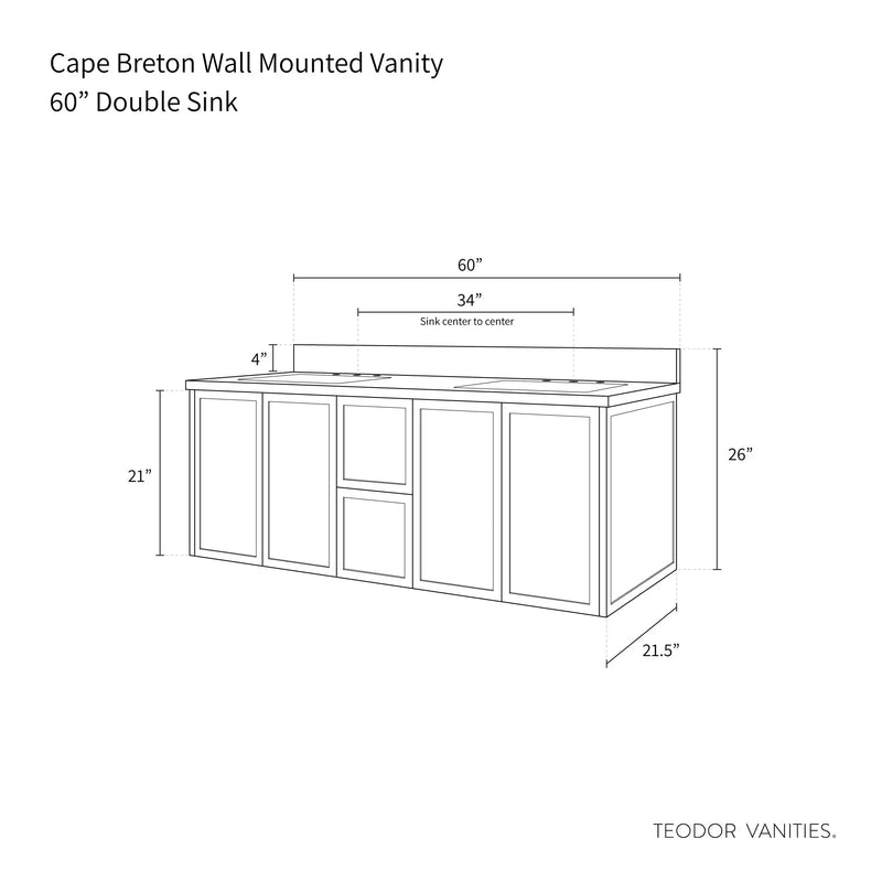 Cape Breton 60" Wall Mount White Oak Bathroom Vanity, Double Sink - Teodor Vanities United States