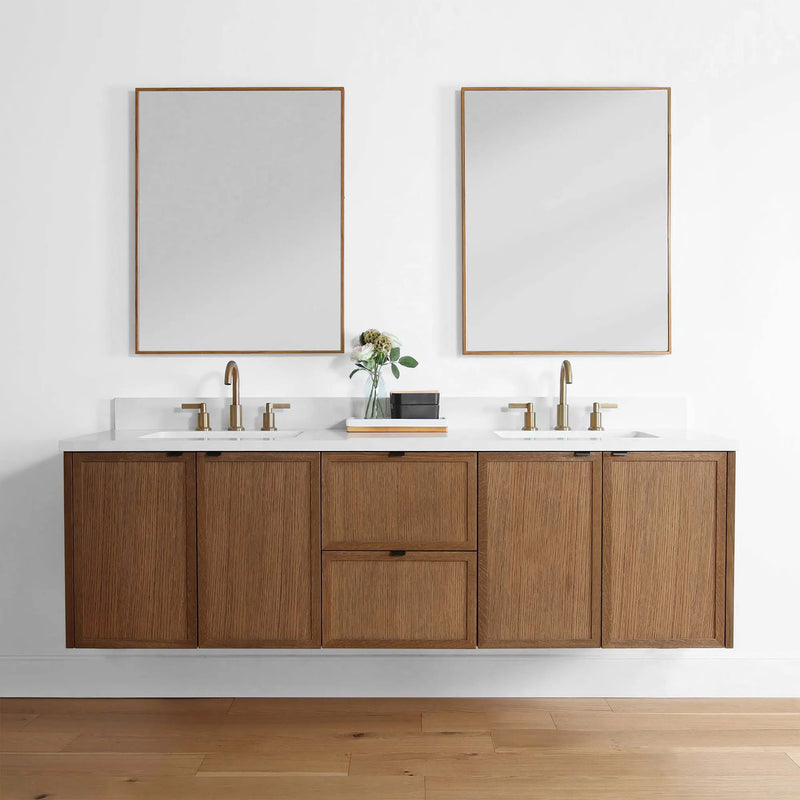 Cape Breton 72" Wall Mount Mid Century Oak Bathroom Vanity, Double Sink - Teodor Vanities United States