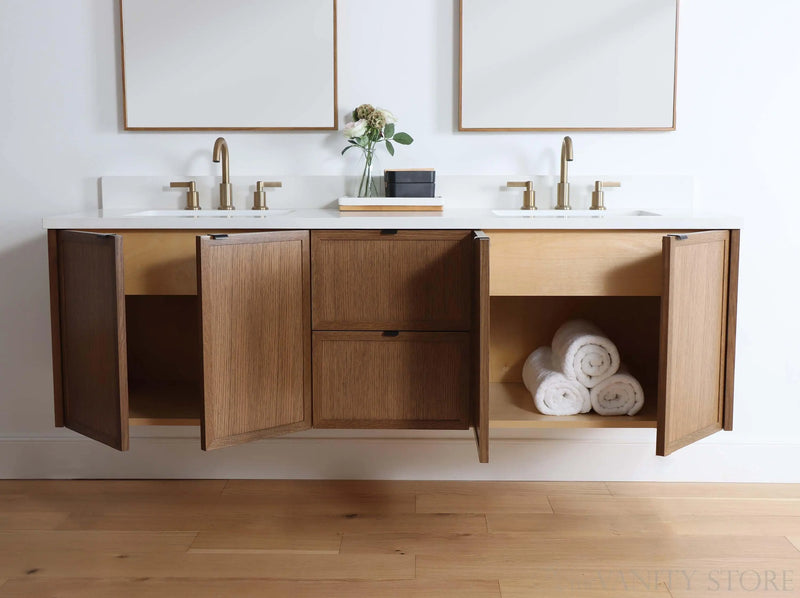 Cape Breton 72" Wall Mount Mid Century Oak Bathroom Vanity, Double Sink - Teodor Vanities United States