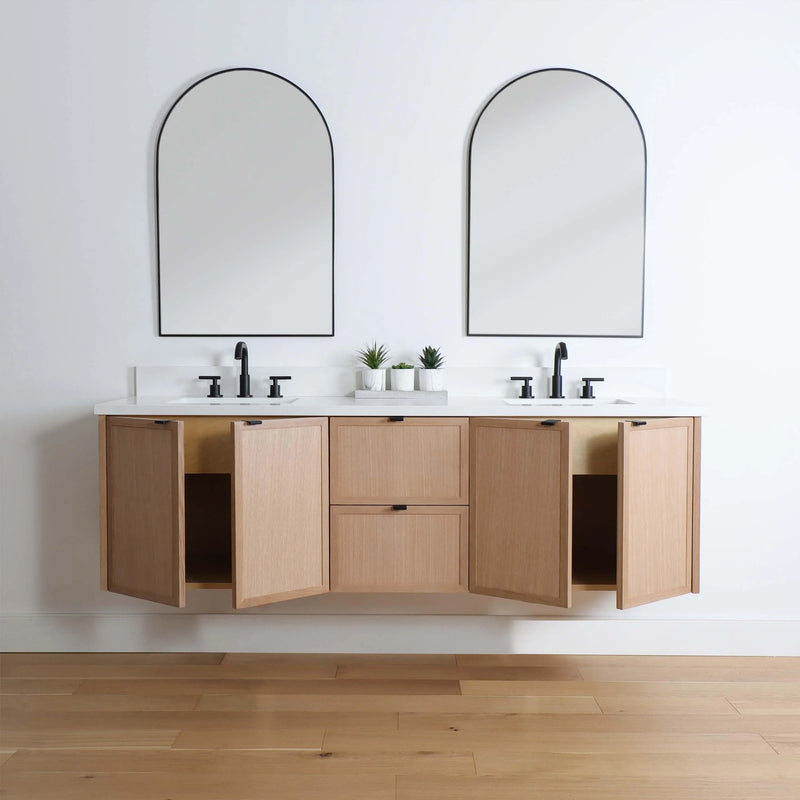 Cape Breton 72" Wall Mount White Oak Bathroom Vanity, Double Sink