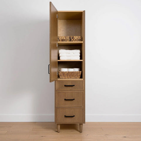 Cape Breton Mid Century Oak Linen Cabinet - Teodor Vanities United States