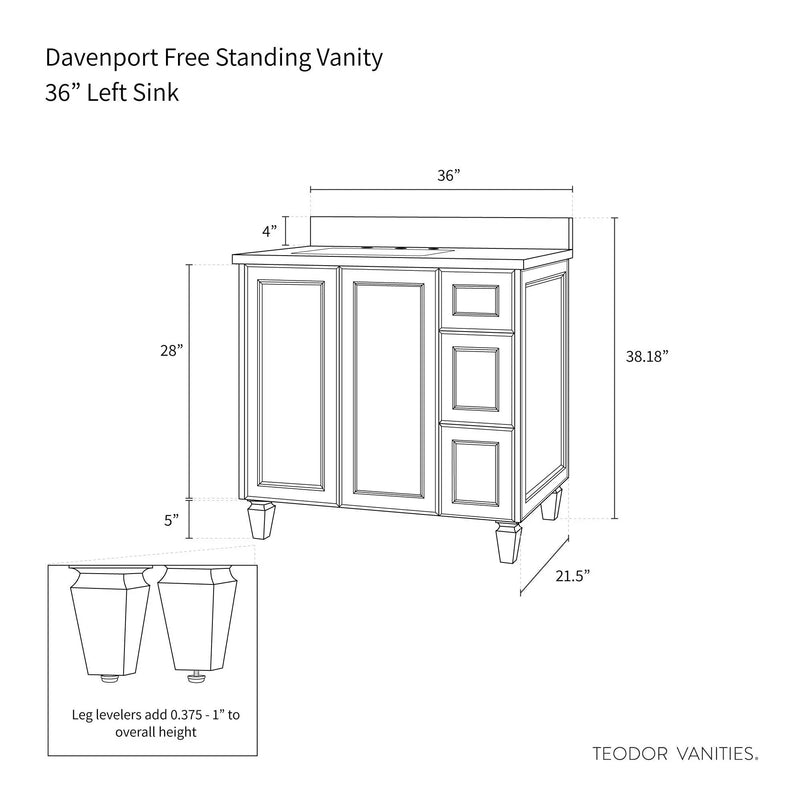 Davenport 36" Pacific Blue Bathroom Vanity, Left Sink - Teodor Vanities United States