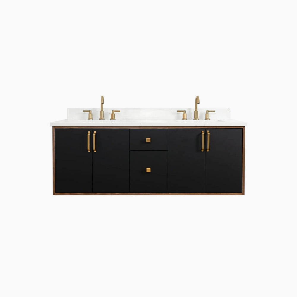 Sidney 60" Wall Mount Matte Black Bathroom Vanity, Double Sink