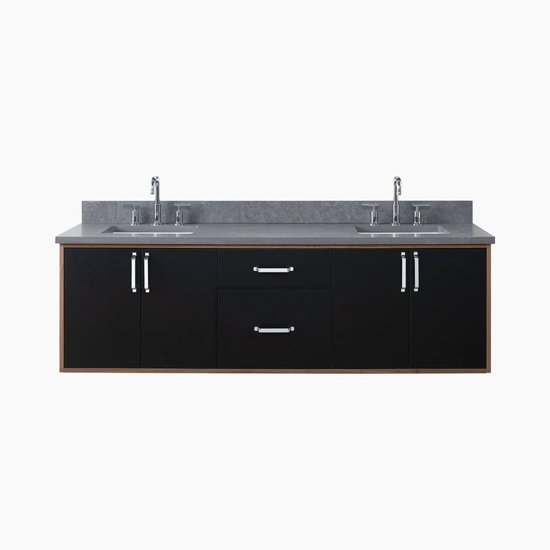 Sidney SLIM 72" Wall Mount Matte Black Bathroom Vanity, Double Sink