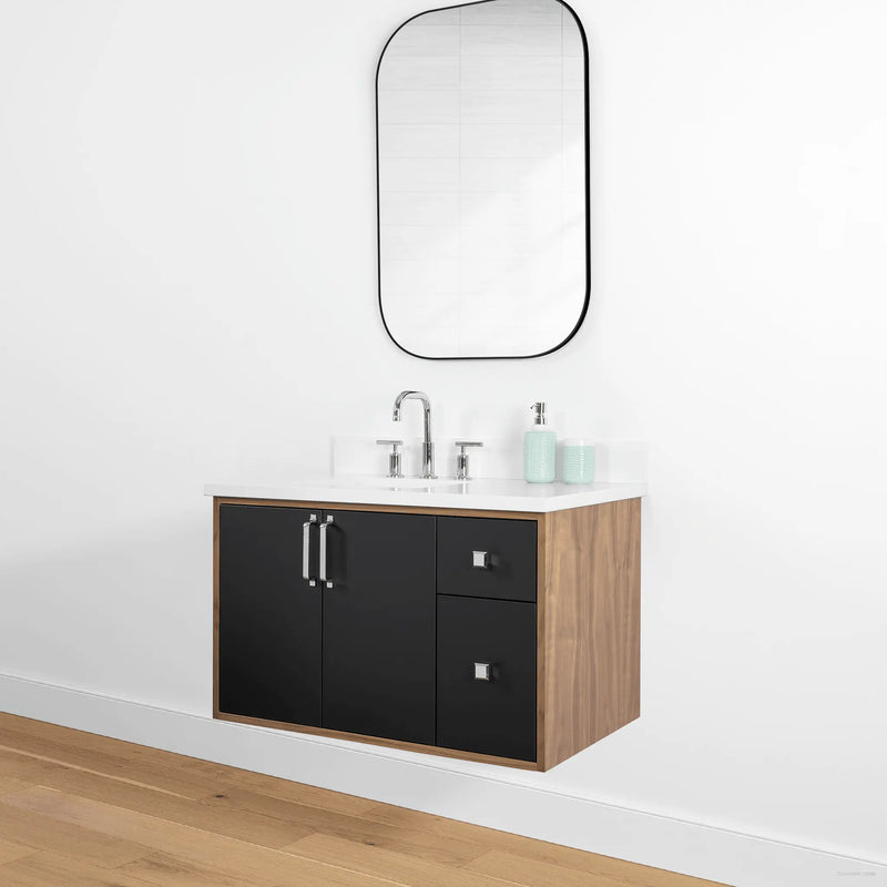 Sidney 36" Wall Mount Matte Black Bathroom Vanity, Left Sink - Teodor Vanities United States