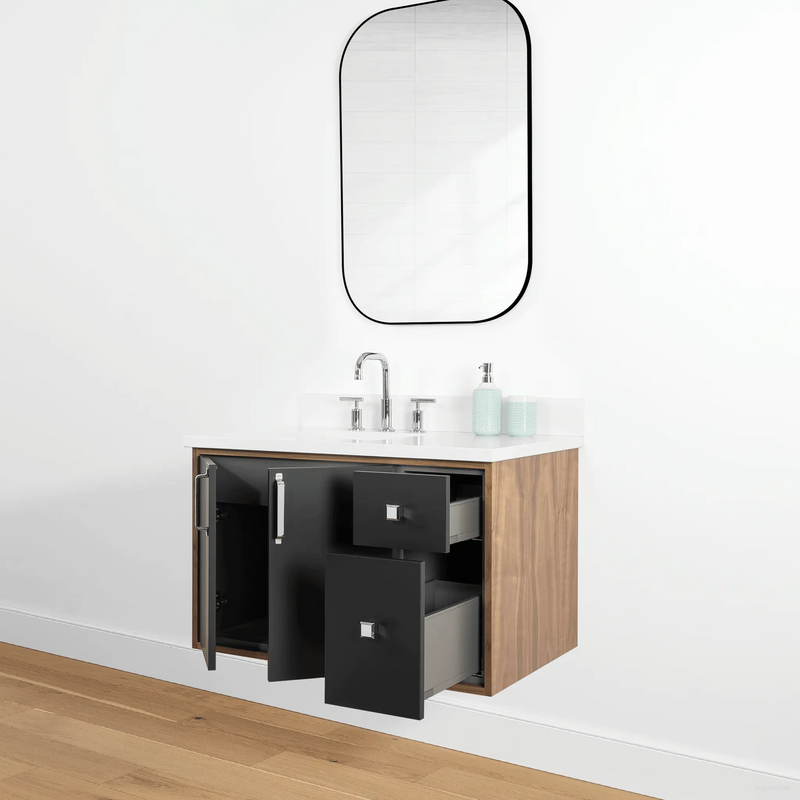 Sidney 36" Wall Mount Matte Black Bathroom Vanity, Left Sink