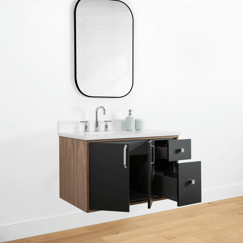 Sidney 36" Wall Mount Matte Black Bathroom Vanity, Left Sink - Teodor Vanities United States