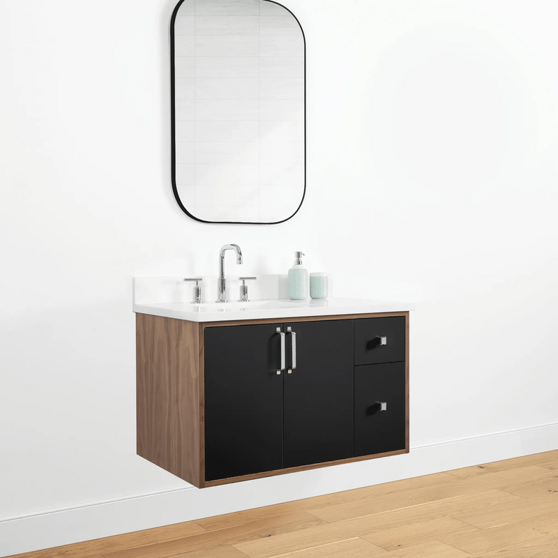 Sidney 36" Wall Mount Matte Black Bathroom Vanity, Left Sink - Teodor Vanities United States