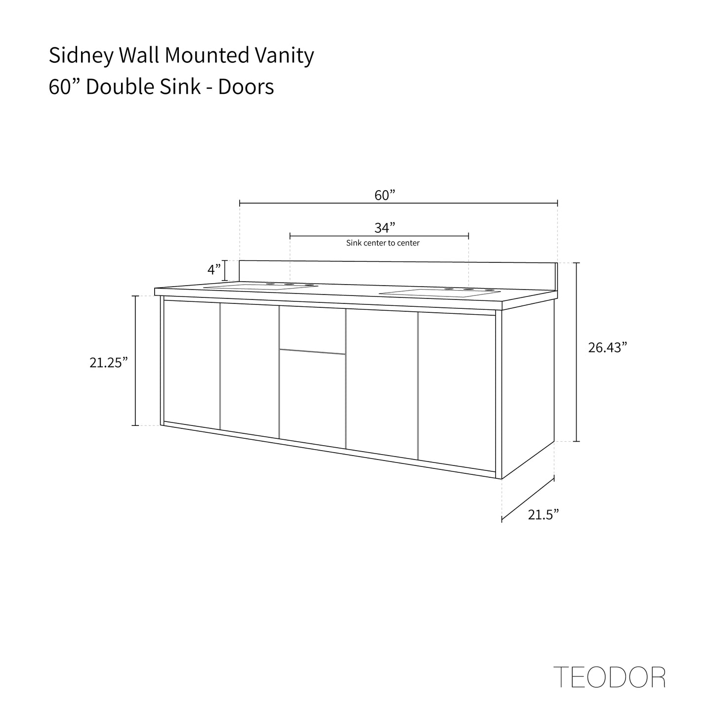 
                  
                    Sidney 60" Wall Mount Matte Black Bathroom Vanity, Double Sink - Teodor Vanities United States
                  
                