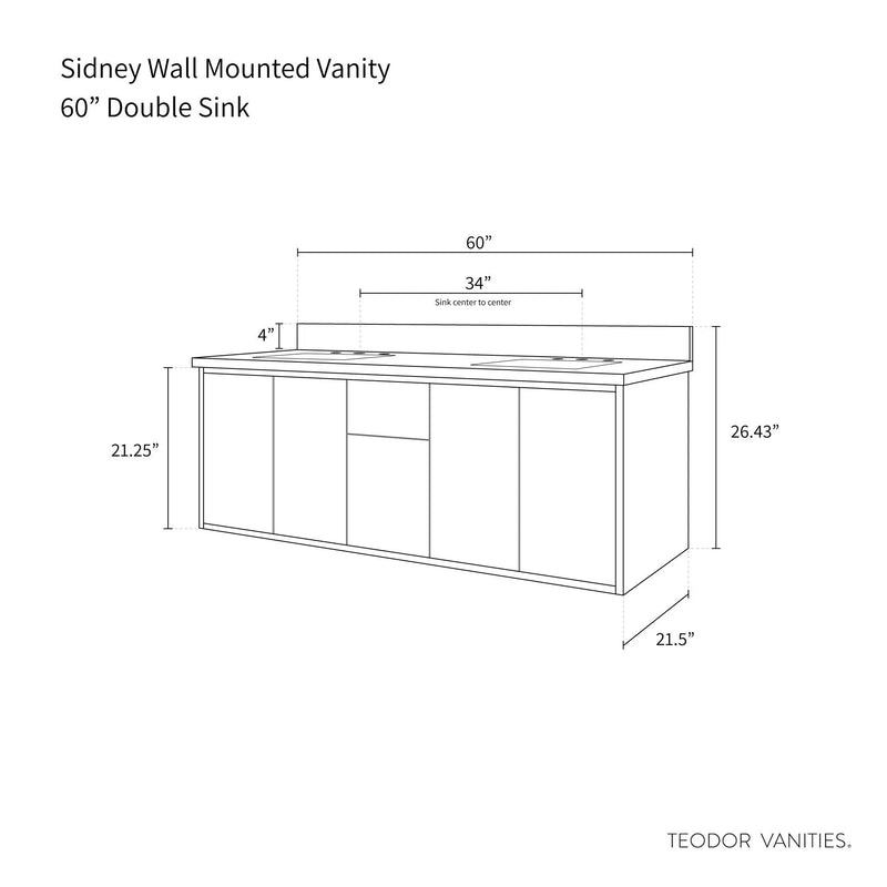 Sidney 60" Wall Mount Gloss White Bathroom Vanity, Double Sink - Teodor Vanities United States