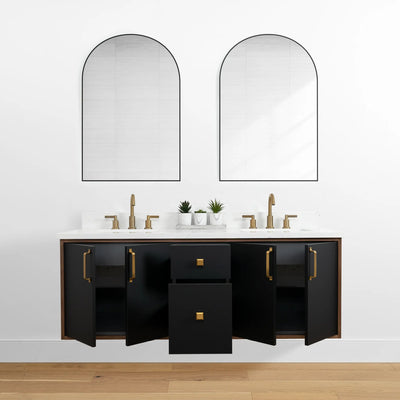 Sidney 60" Wall Mount Matte Black Bathroom Vanity, Double Sink