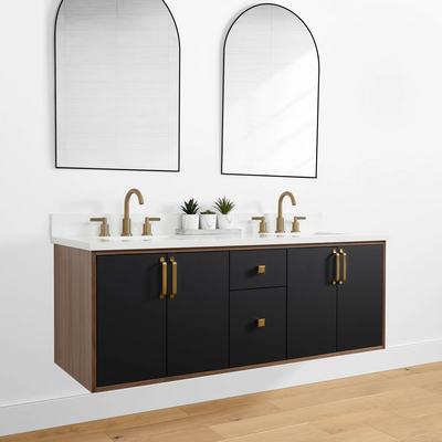 Sidney 60" Wall Mount Matte Black Bathroom Vanity, Double Sink