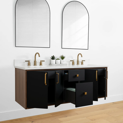 Sidney 60" Wall Mount Matte Black Bathroom Vanity, Double Sink - Teodor Vanities United States