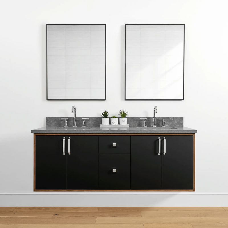 Sidney 60" Wall Mount Matte Black Bathroom Vanity, Double Sink - Teodor Vanities United States