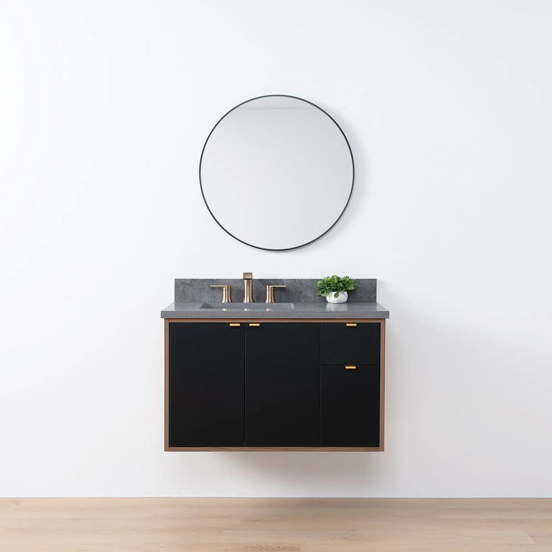 Sidney SLIM 36" Wall Mount Matte Black Bathroom Vanity, Left Sink - Teodor Vanities United States