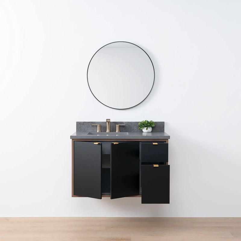 Sidney SLIM 36" Wall Mount Matte Black Bathroom Vanity, Left Sink - Teodor Vanities United States