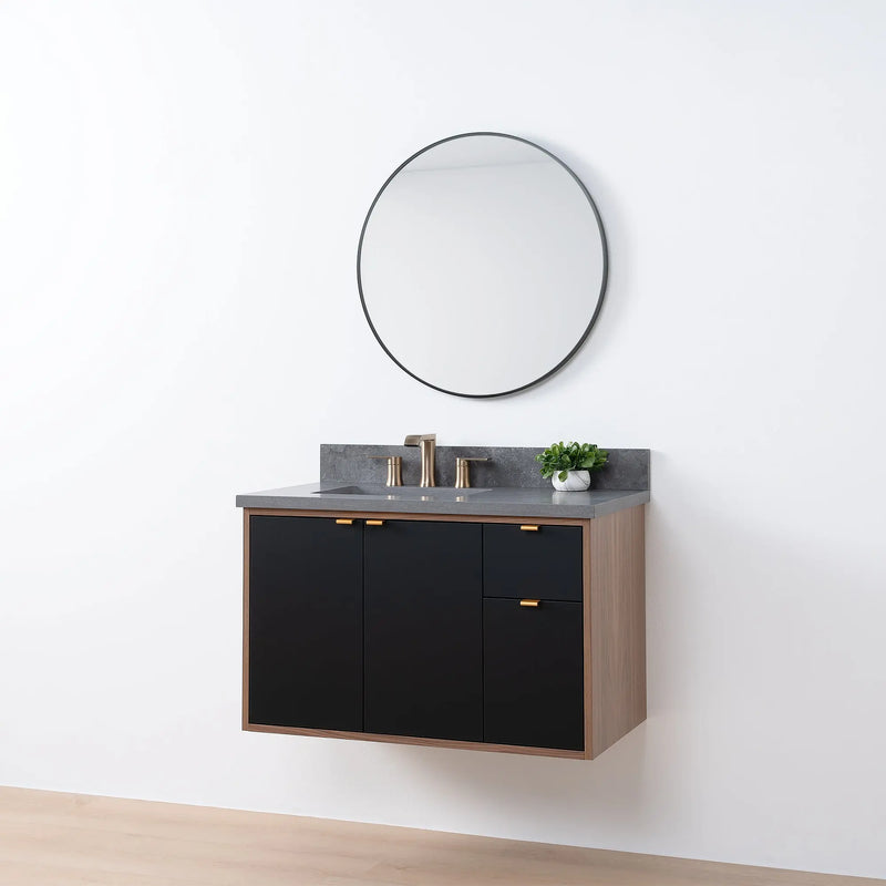 Sidney SLIM 36" Wall Mount Matte Black Bathroom Vanity, Left Sink - Teodor Vanities United States