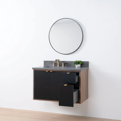 Sidney SLIM 36" Wall Mount Matte Black Bathroom Vanity, Left Sink - Teodor Vanities United States