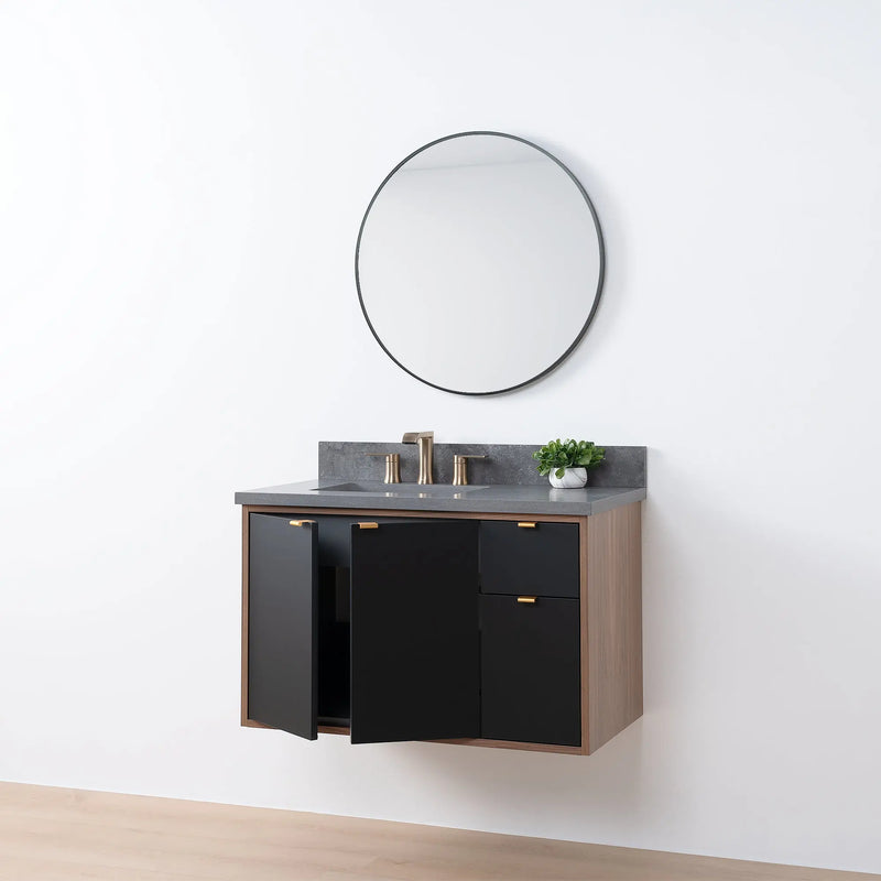 Sidney SLIM 36" Wall Mount Matte Black Bathroom Vanity, Left Sink - Teodor Vanities United States