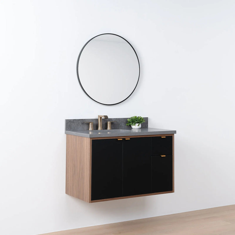 Sidney SLIM 36" Wall Mount Matte Black Bathroom Vanity, Left Sink - Teodor Vanities United States