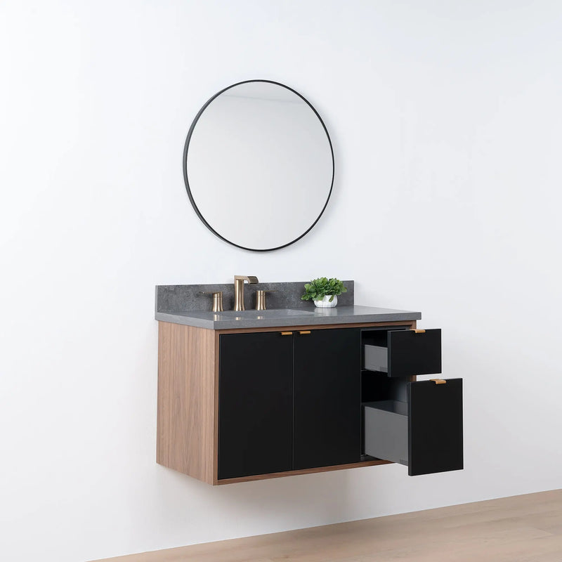 Sidney SLIM 36" Wall Mount Matte Black Bathroom Vanity, Left Sink - Teodor Vanities United States